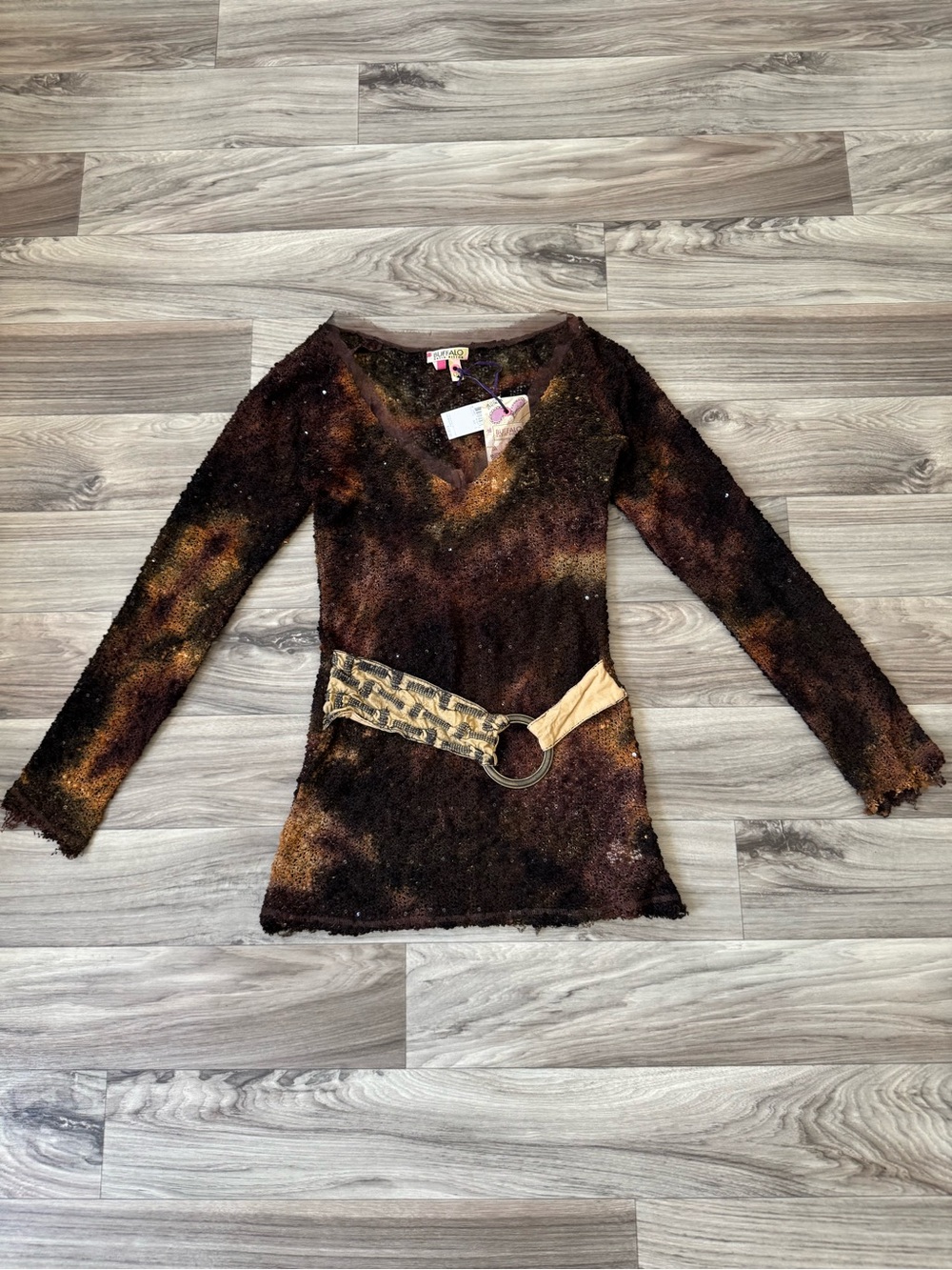 Buffalo David Bitton Y2K Sheer Mesh Knit Belted Top NWT Brown Tie-Dye Boho Large